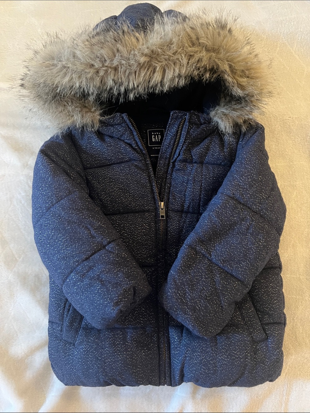 GAP Navy Speckle Puffer Jacket with Faux Fur Hood